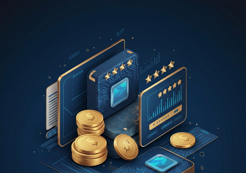 Stock market theme with charts, AI, and five-star ratings.