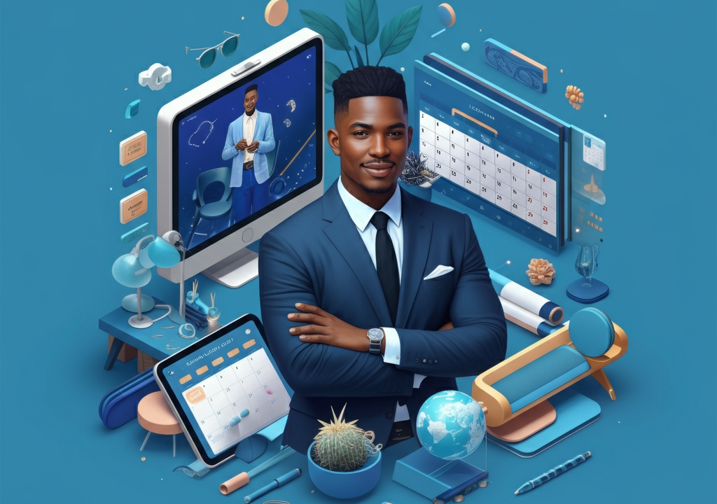 llustration of a professional man surrounded by isometric digital tools and office items, symbolizing comprehensive, modern, and global event planning services.