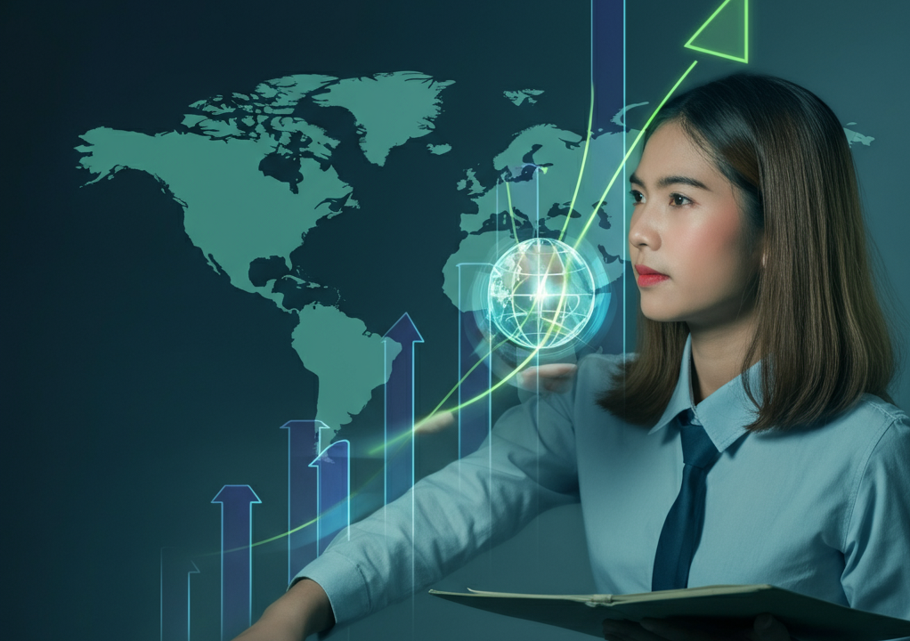 llustration of business growth strategies with a world map and upward arrows.