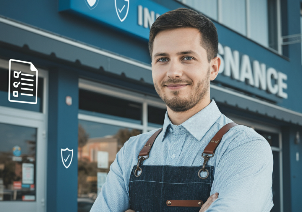 Small business owner standing confidently in front of their shop, symbolizing trust and security with insurance.