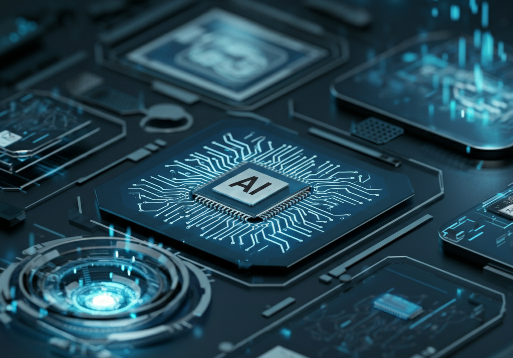 Futuristic representation of Chum Tech showcasing AI-driven technology, glowing circuits, and seamless connectivity.