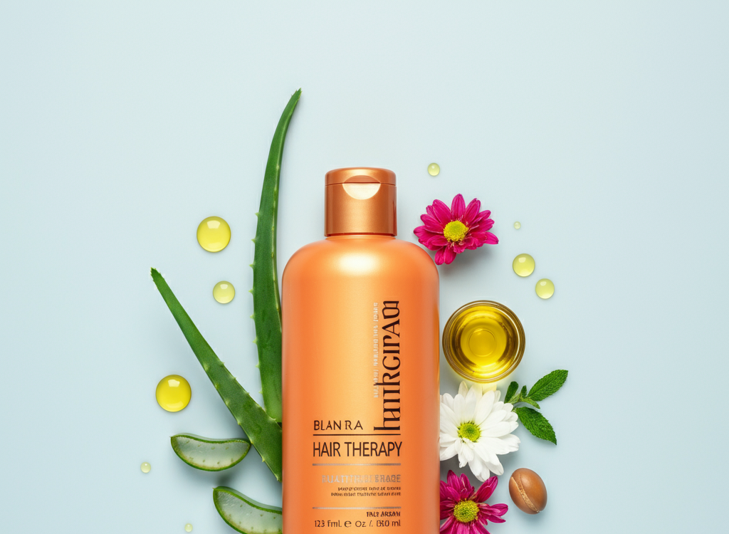 Bottle of Condish Healthy Hair Therapy surrounded by aloe vera and argan oil