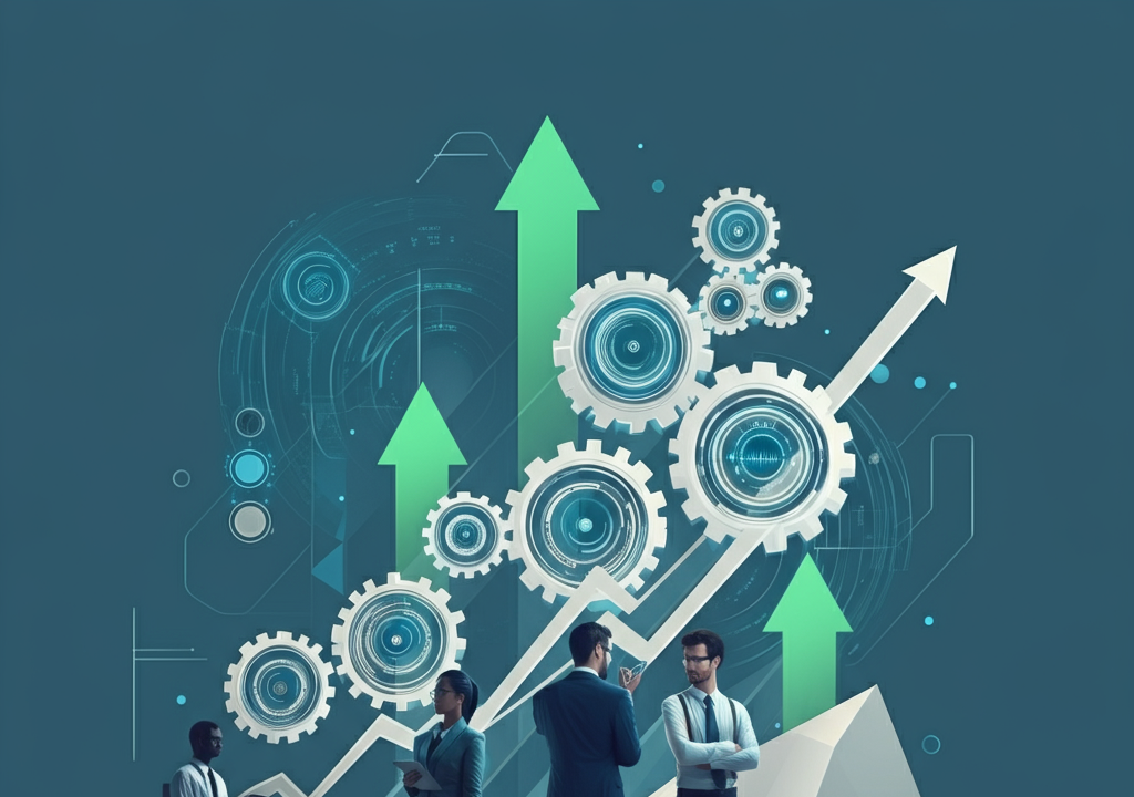 Illustration of corporate innovation and strategic growth with gears and arrows.