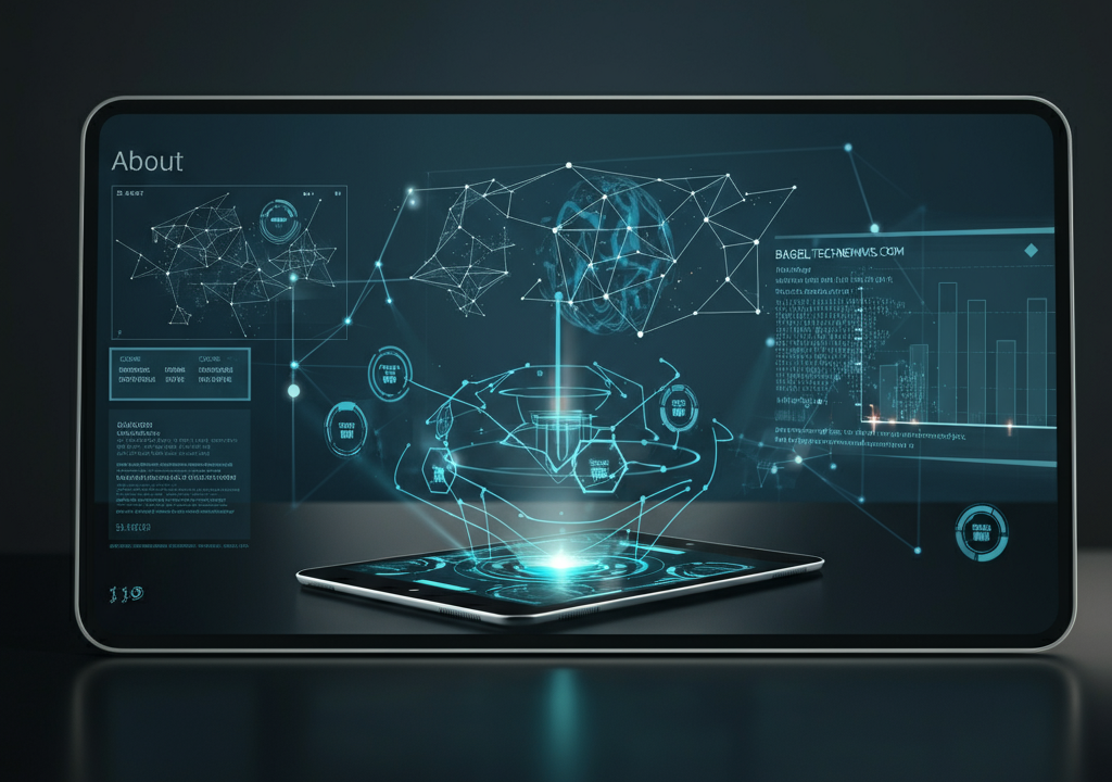 A tablet displaying a futuristic holographic interface with glowing blue data visualizations, symbolizing advanced technology and connectivity.