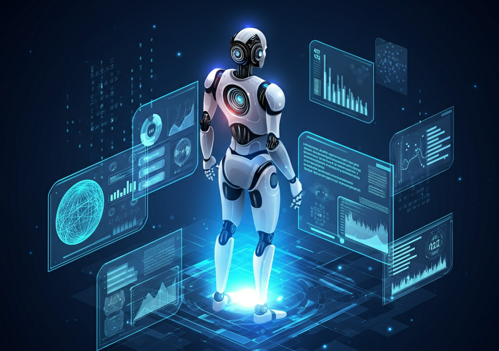 A vibrant digital illustration of futuristic technology trends, including AI, quantum computing, and spatial computing.