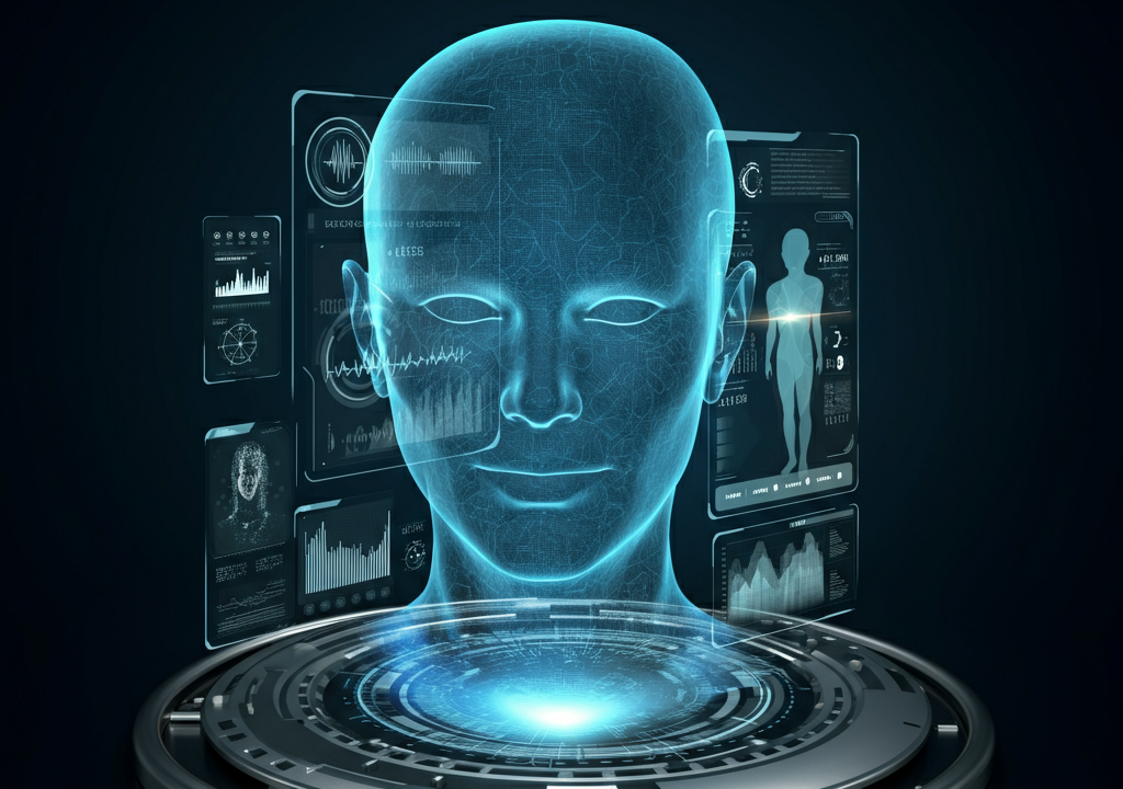 Futuristic depiction of human-machine interaction with holographic interfaces and biometric visuals.