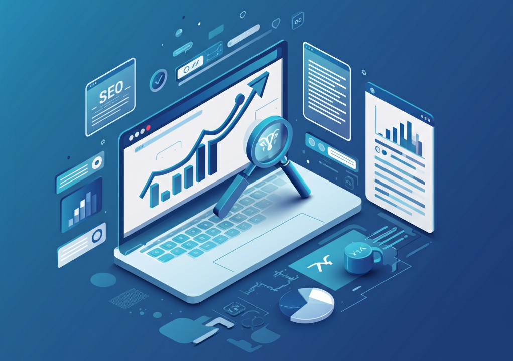 Illustration of SEO elements with a rising graph, magnifying glass, and website icons, representing strategies to improve website ranking.
