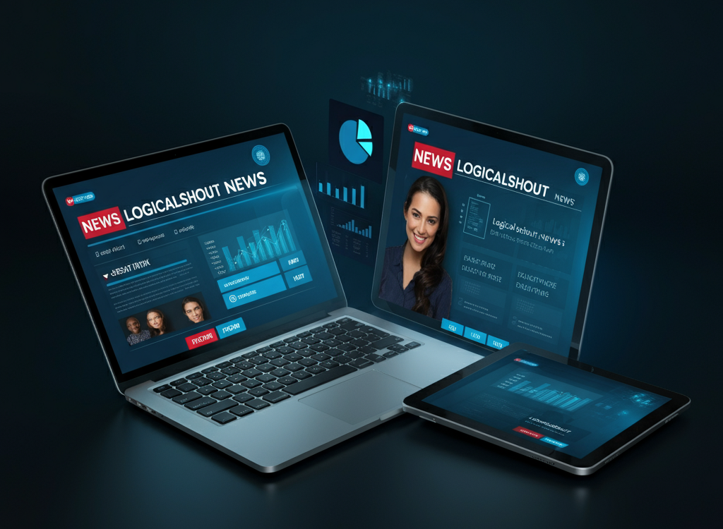 Modern digital news interface on laptop and tablet, representing LogicalShout News.