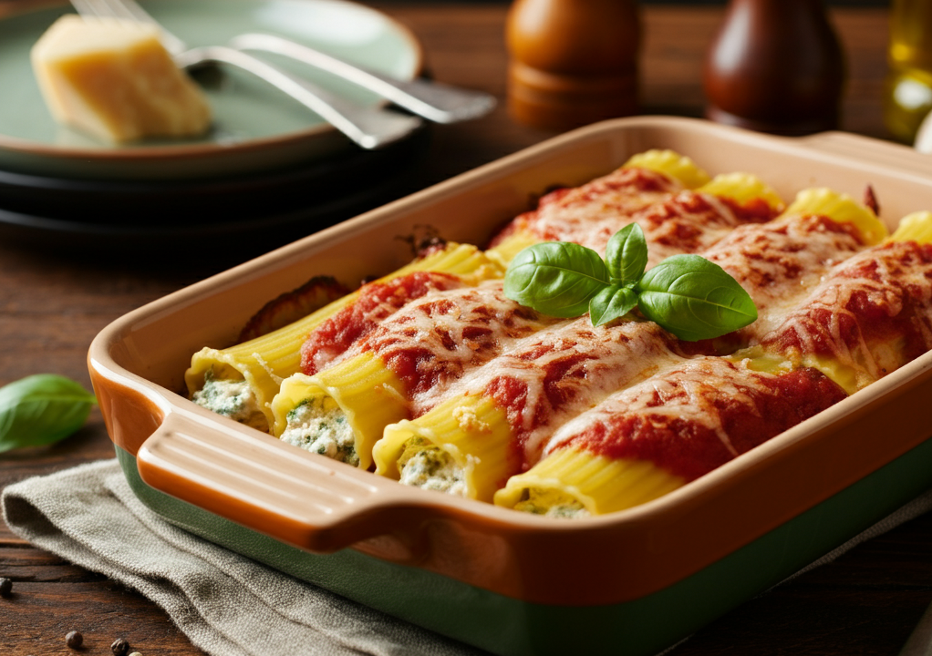 A delicious Mannacote dish with cheese and marinara sauce, baked to golden perfection, garnished with basil and Parmesan.