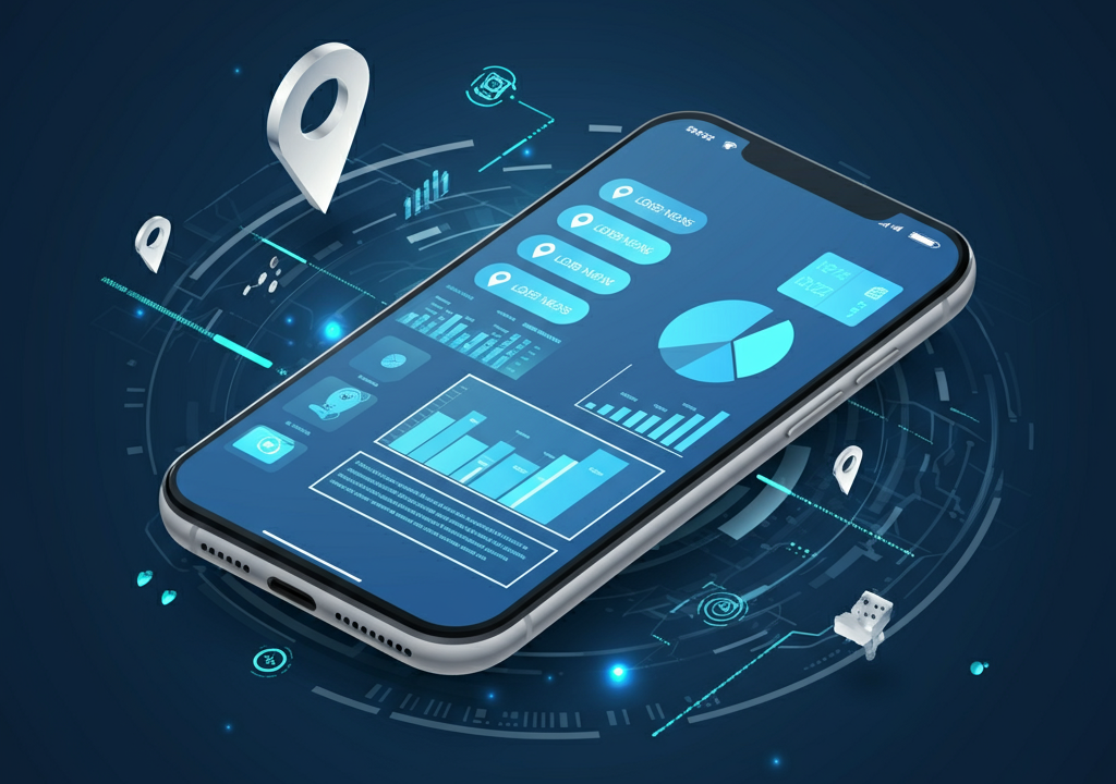 Smartphone with analytics graphs and marketing icons