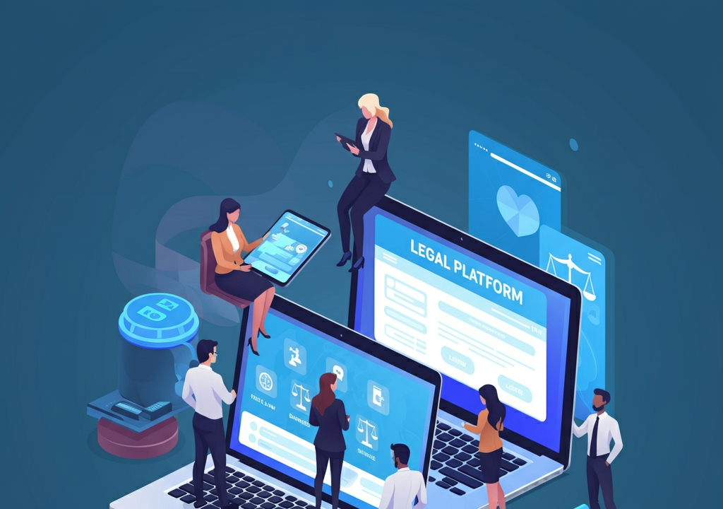 Illustration of a digital legal platform with diverse users.