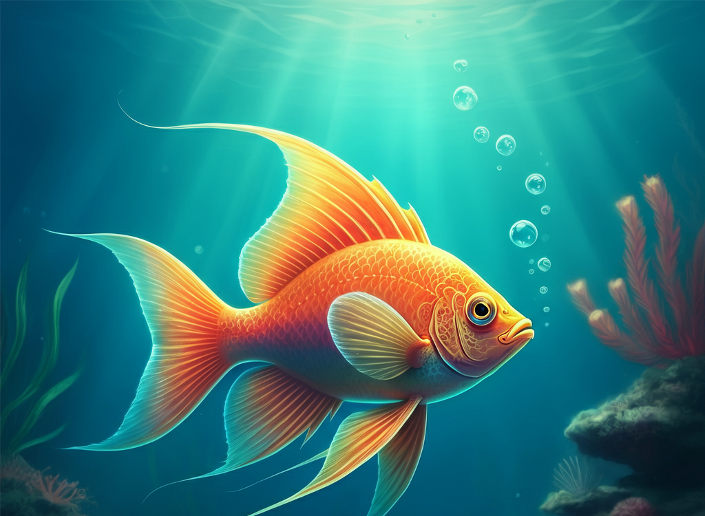 A luminous pastel-rendered fish in vibrant underwater colors, inspired by Rita Kirkman’s art.