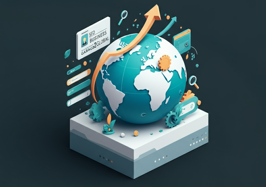 A visual representation of business growth through SEO, showing a startup scaling globally with graphs and SEO icons.