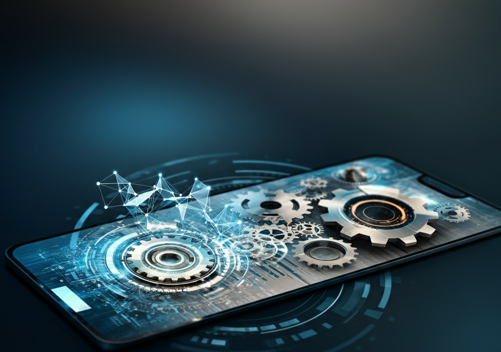 Futuristic design of interconnected gears and digital nodes symbolizing synchronization, communication, and modularity.