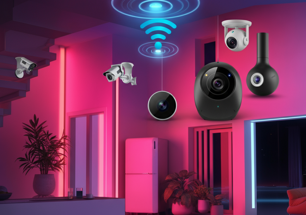A futuristic smart home in India powered by AI, featuring smart lighting, security cameras, and voice assistants.