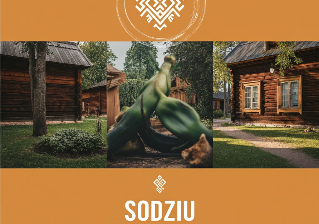 Traditional Lithuanian village scene with cultural elements.