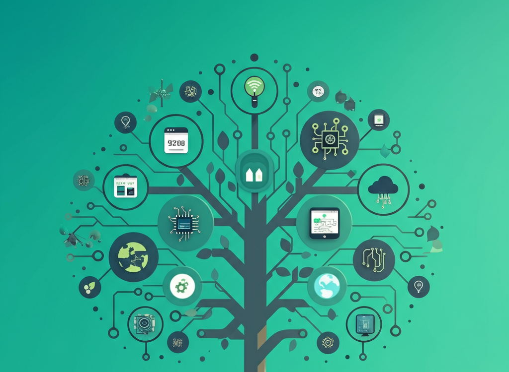 Digital tree with tech icons, symbolizing growth in digital skills and tech tips.