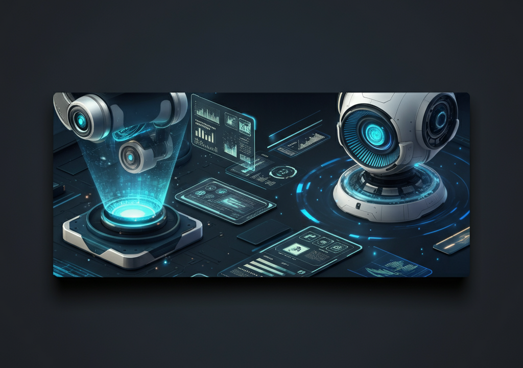 Futuristic concept of AI and robotics with digital innovation, featuring vibrant blue and silver tones.