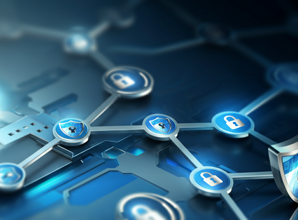 Futuristic digital network with glowing nodes and cybersecurity elements.