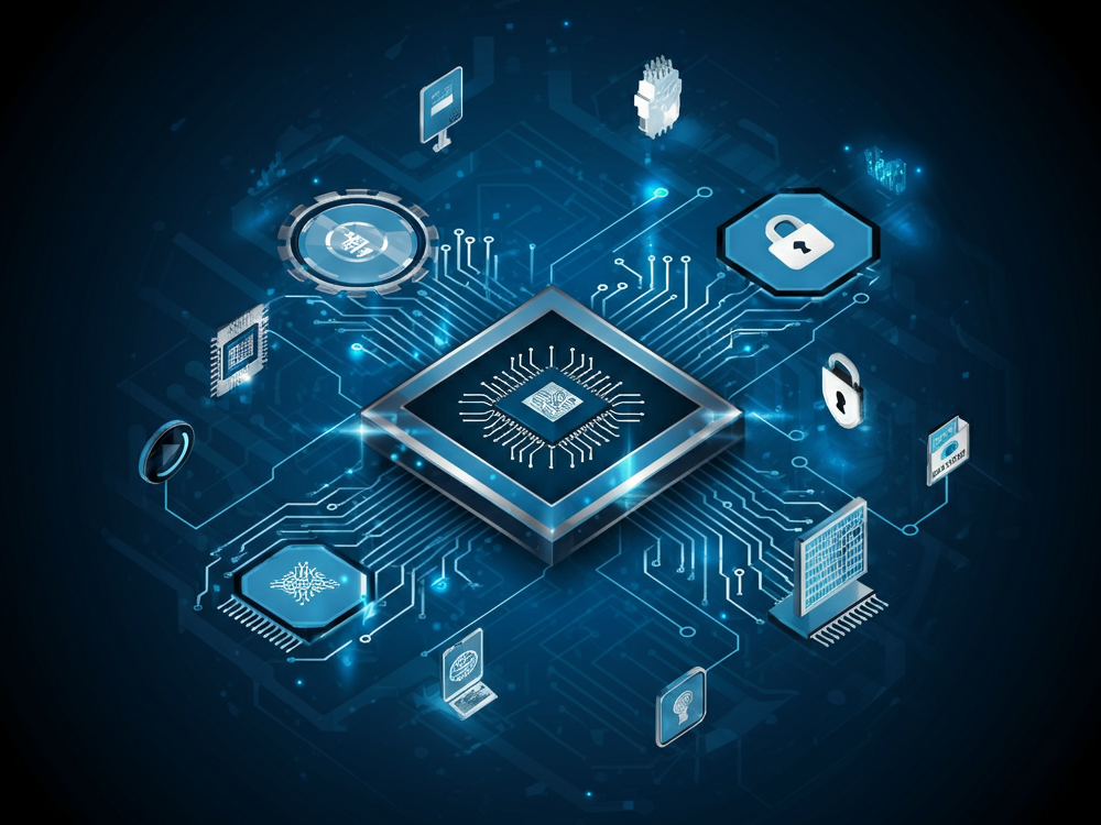 Illustration of advanced technology integrating automation, cybersecurity, and data analytics.