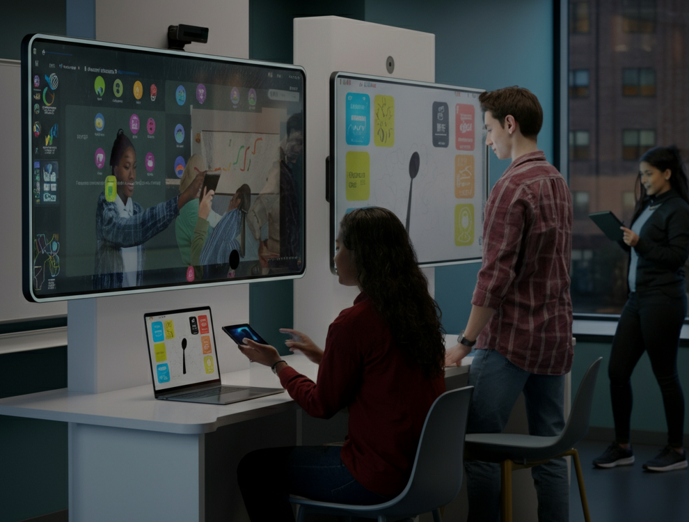 Modern digital learning environment with students using technology.