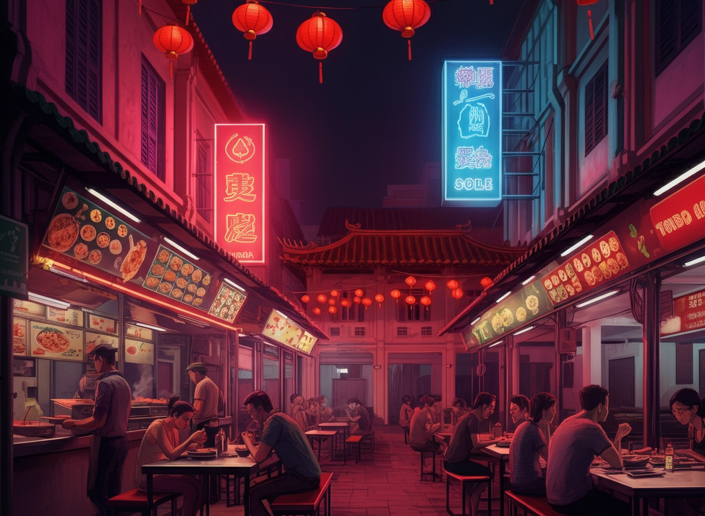 A bustling Chinatown hawker center at night with colorful food stalls and steaming dishes, emphasizing sustainability and community.