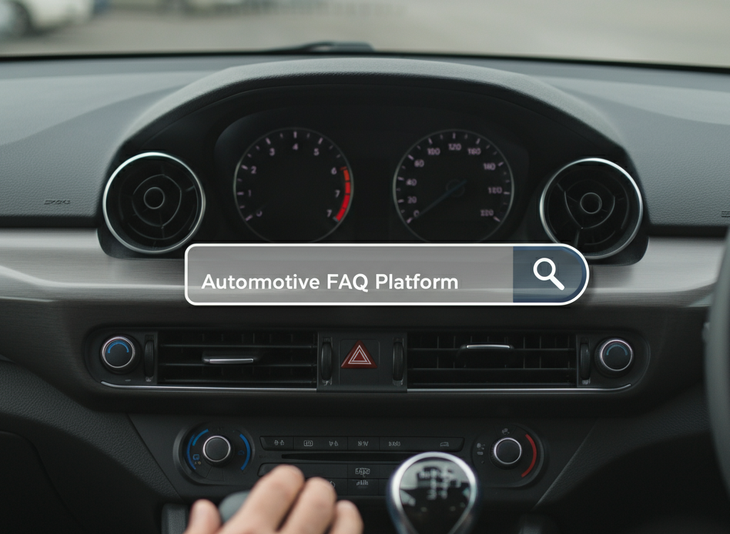 Sleek car dashboard with a search bar overlay, symbolizing a user-friendly automotive FAQ platform.