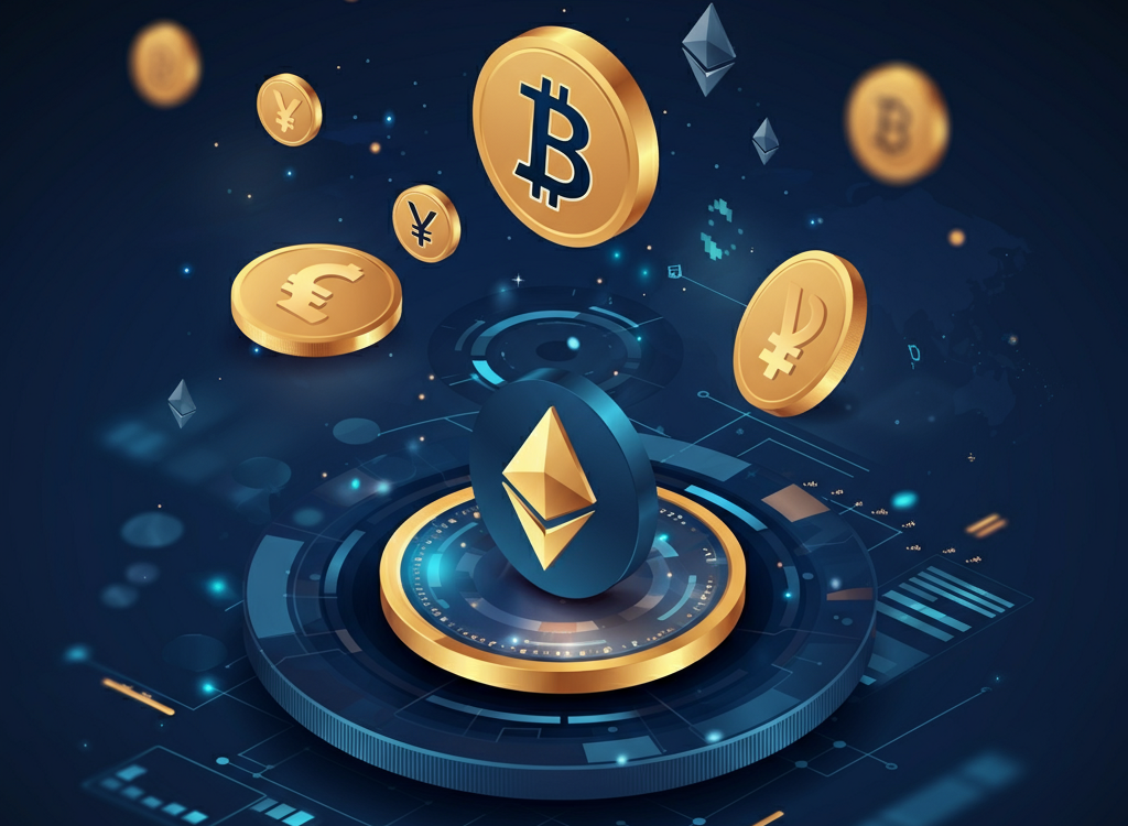 Digital currency symbols with a futuristic financial interface.