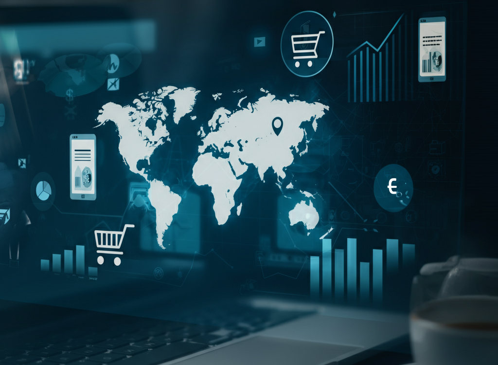 Digital sales graph with e-commerce icons and global map overlay, symbolizing online sales growth.