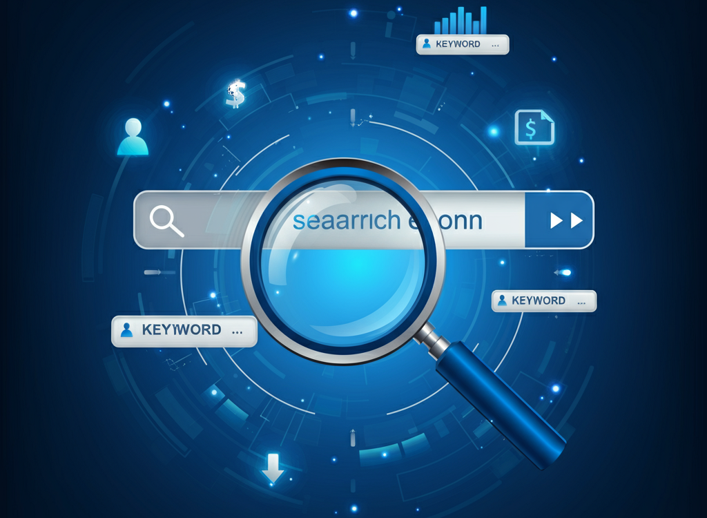 Magnifying glass over a search bar with keywords, representing keyword optimization by Garage2Global.