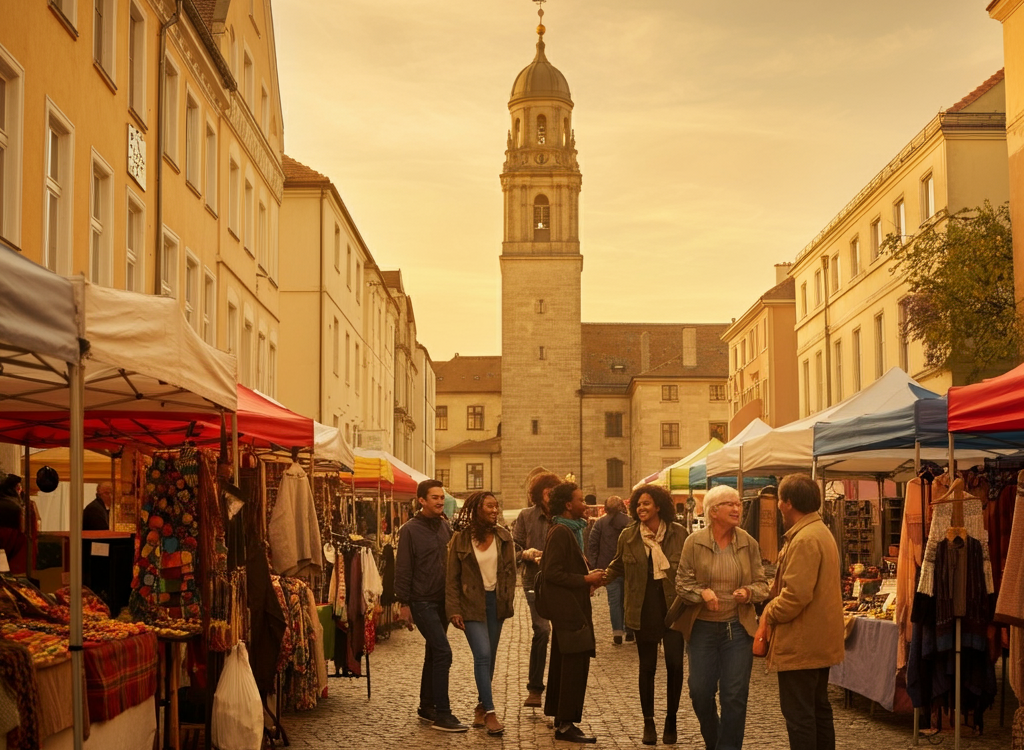 A vibrant depiction of laaster blending history, community, and business.