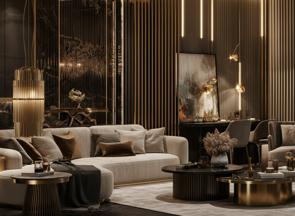 A modern living room with high-end furniture, elegant lighting, and sophisticated decor, showcasing luxury interior design.