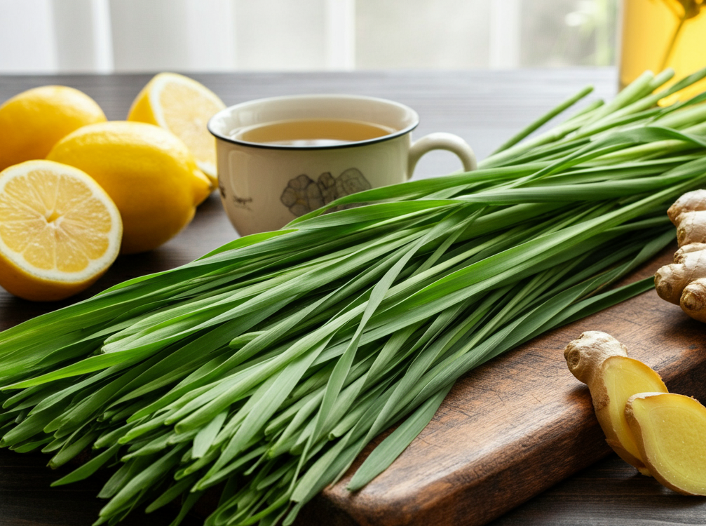 Fresh lyposingrass stalks with lemons, ginger, and herbal tea on a wooden cutting board.
