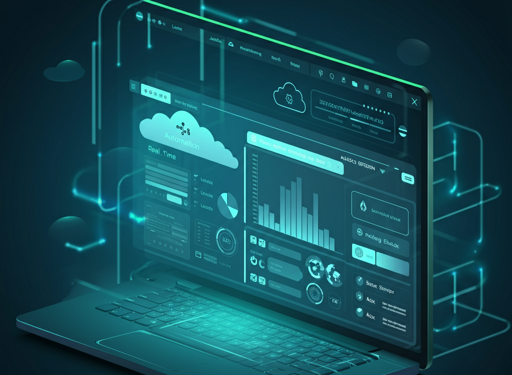 Illustration of a web console interface with cloud servers.