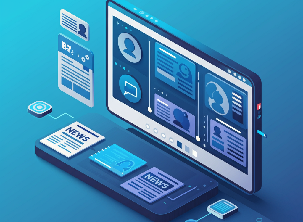 Digital content aggregator timeline with blogs and news icons