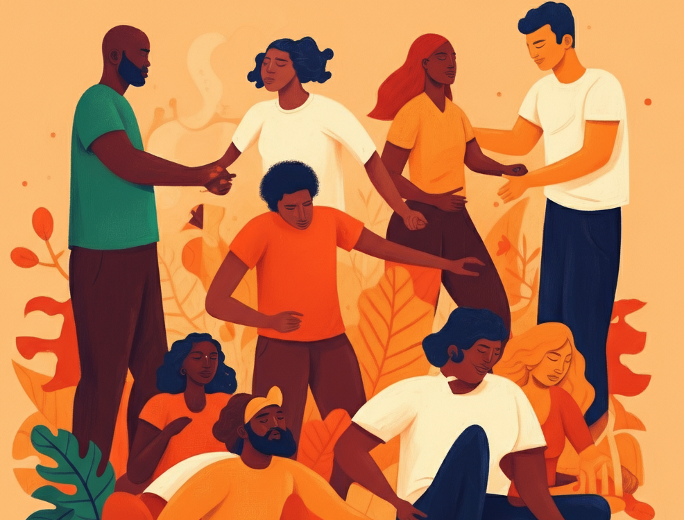 Diverse group in harmony, symbolizing human connection.