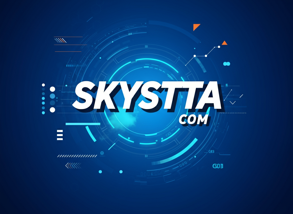 "Digital branding concept with 'Skystta com' text on a tech-inspired blue sky background."