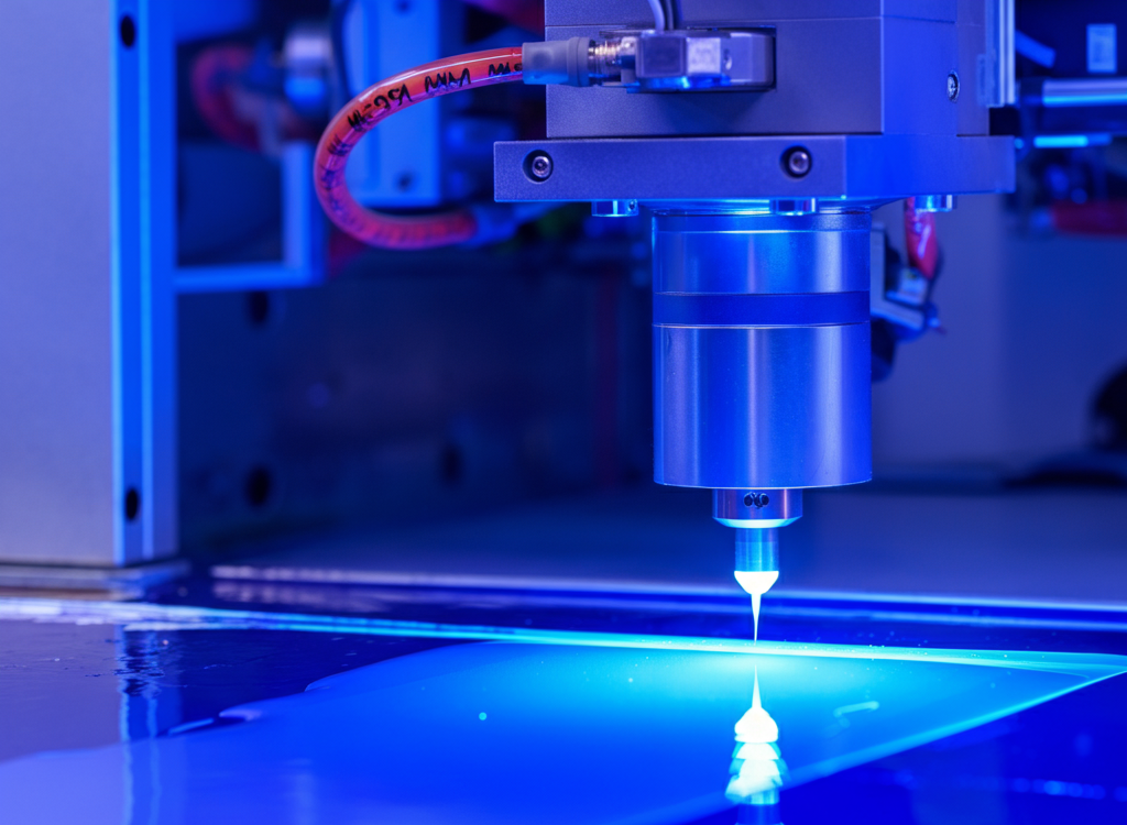 UV-curable coating process under UV light on a glossy surface.